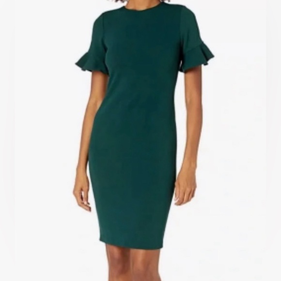 NWT CALVIN KLEIN WOMEN'S SHEATH DRESS WITH RUFFLE SLEEVE- GREEN- 10 PETITE - Picture 1 of 5